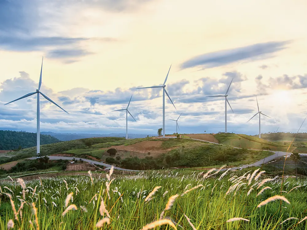 Varios molinos de viento en verdes colinas de hierba.