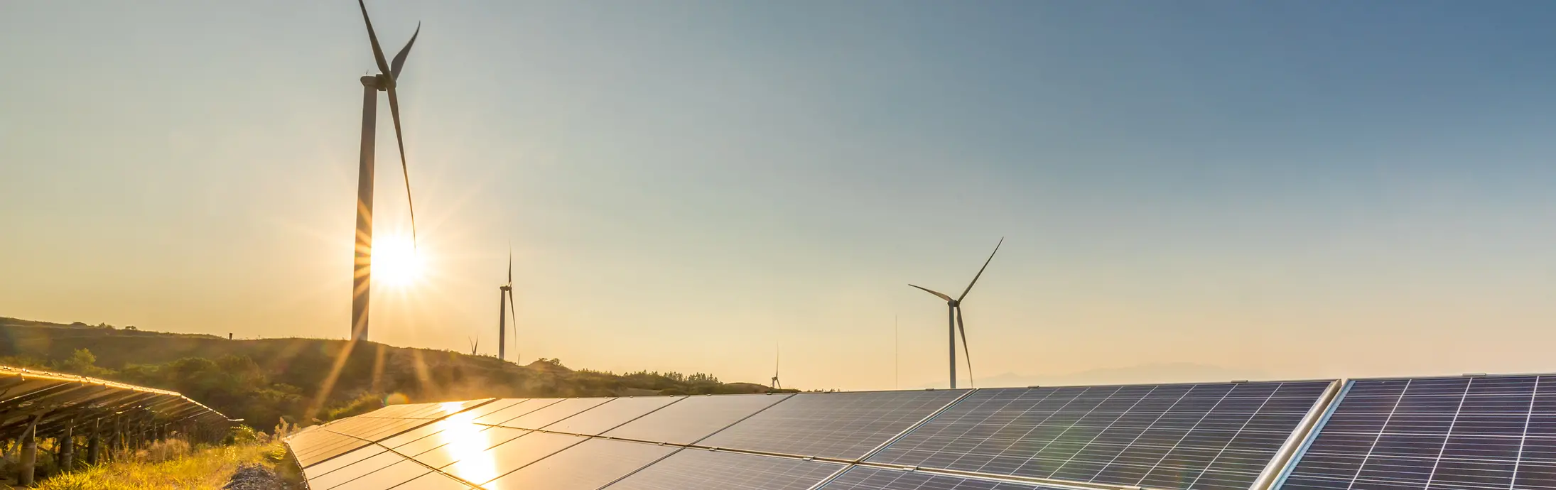 Paneles solares al atardecer con molinos de viento en el fondo.